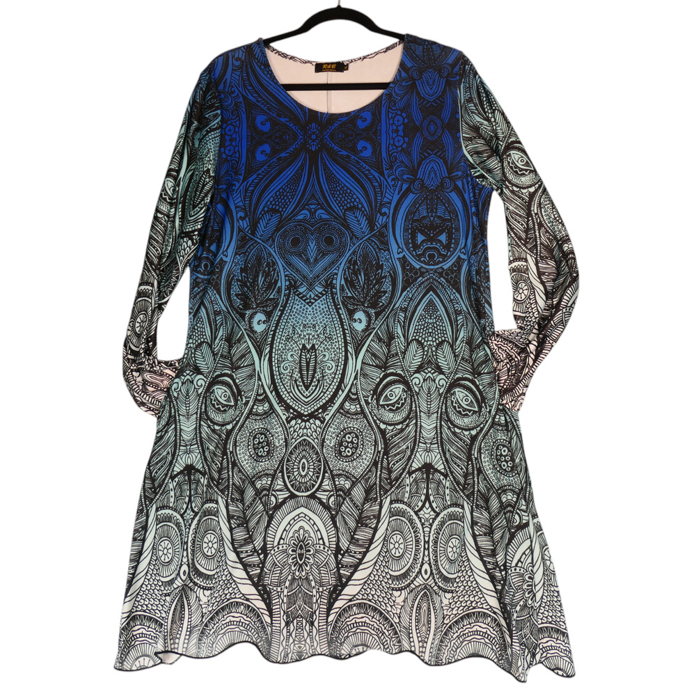 R and B Sheath Dress Womens XL Blue Hombre Artsy Abstract Floral Boho Pockets